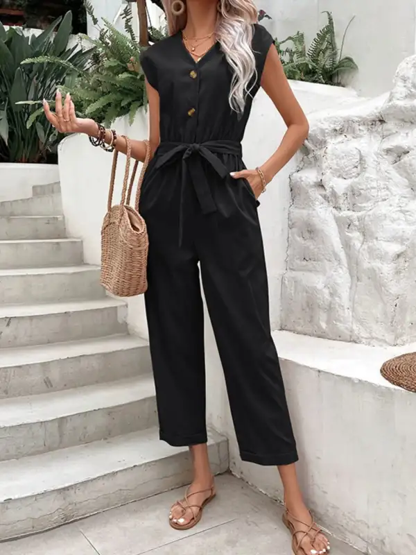 Button Front Tie Waist Jumpsuit