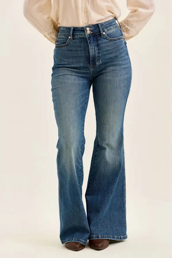High Waist Flare Leg Button Denim Jeans