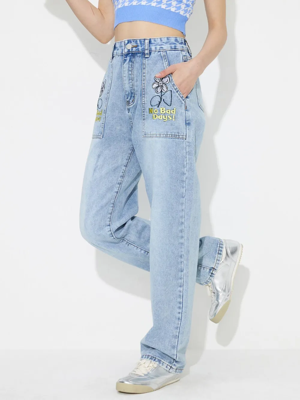 Textured High Waist Straight Leg Pocketed Denim Jeans