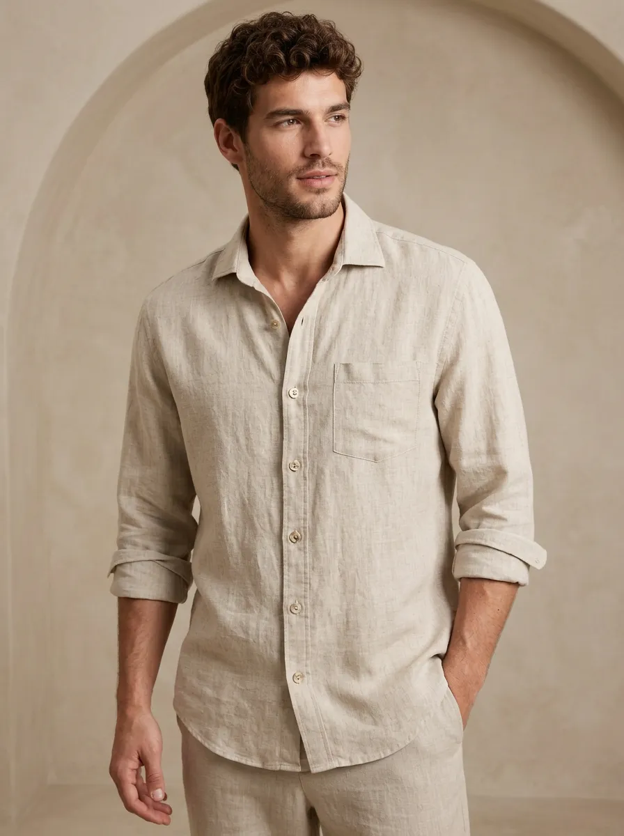Men's Beige Long-Sleeve Button-Down Shirt with Chest Pocket Detail