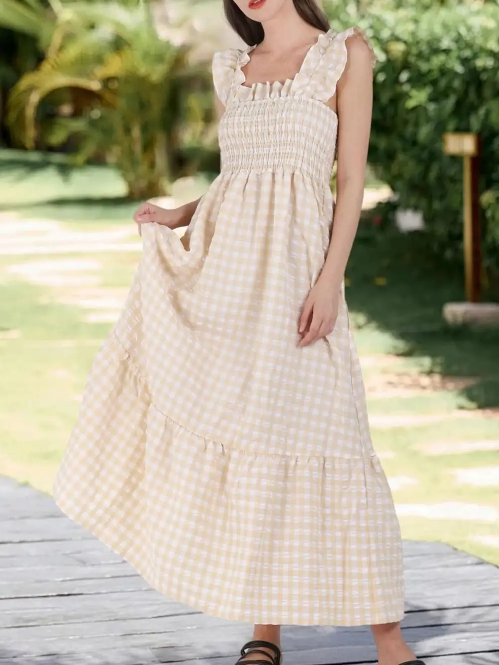 Plaid Ruffle Sleeveless Midi Dress