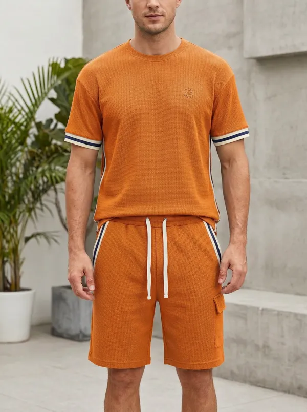 Everyday Waffle Texture Striped Detail Street Style Men's T-Shirt And Shorts Set