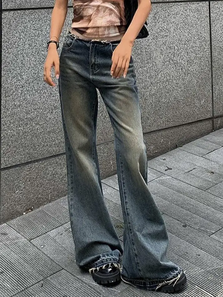 Vintage Frayed Low Waist Flare Jeans