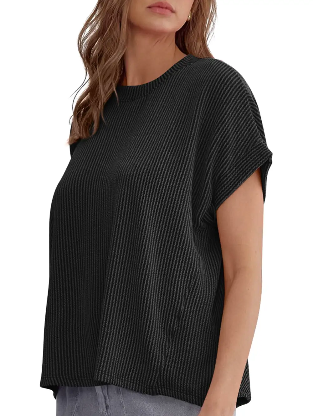 Ribbed Knit Crew Neck Tee