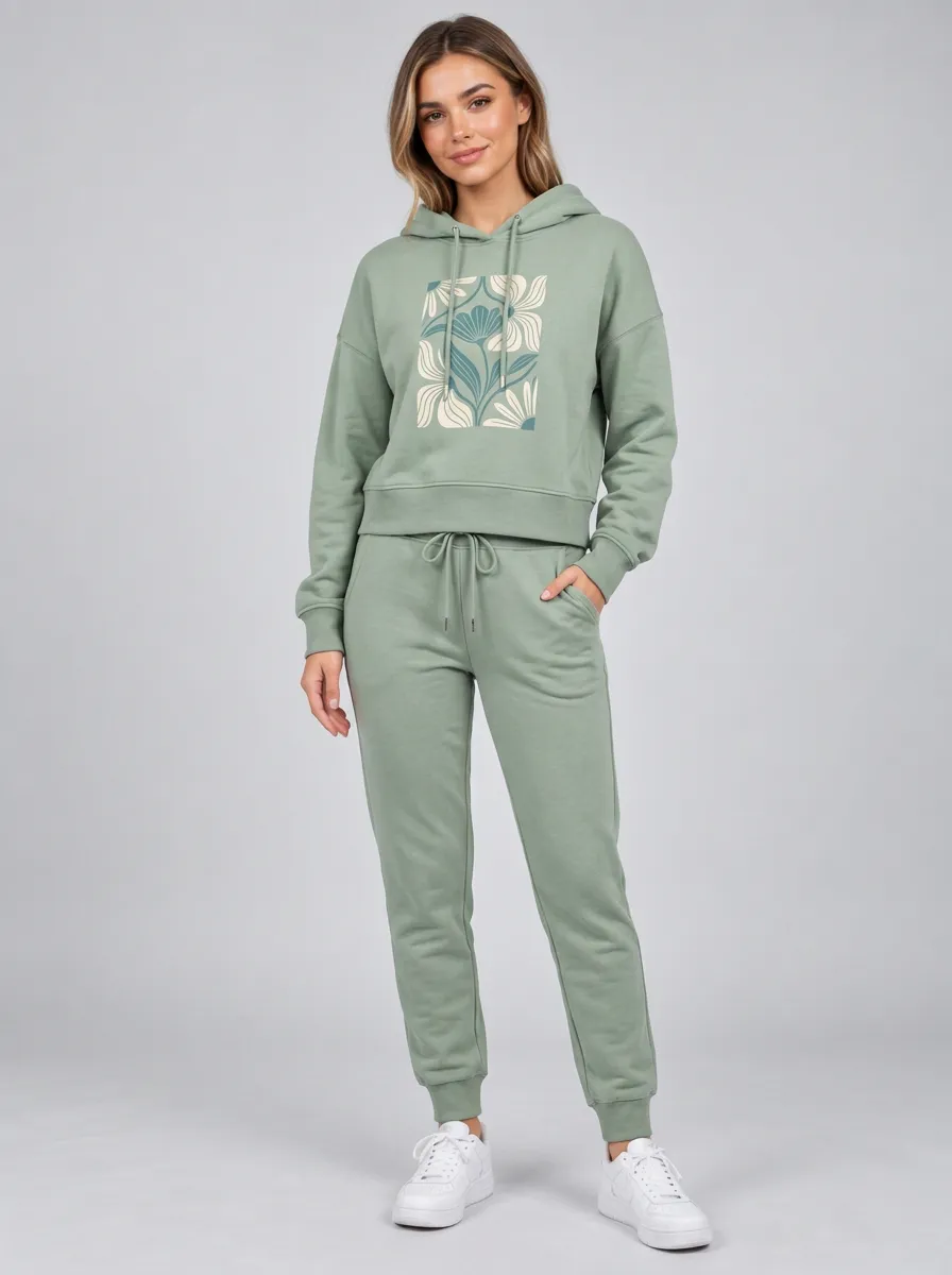 Women's Sage Green Tapered Pants Relaxed Fit Solid Hoodie & Pants Set