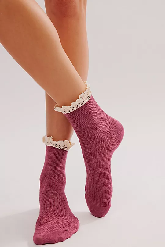 Waffle Knit Ankle Socks Pink