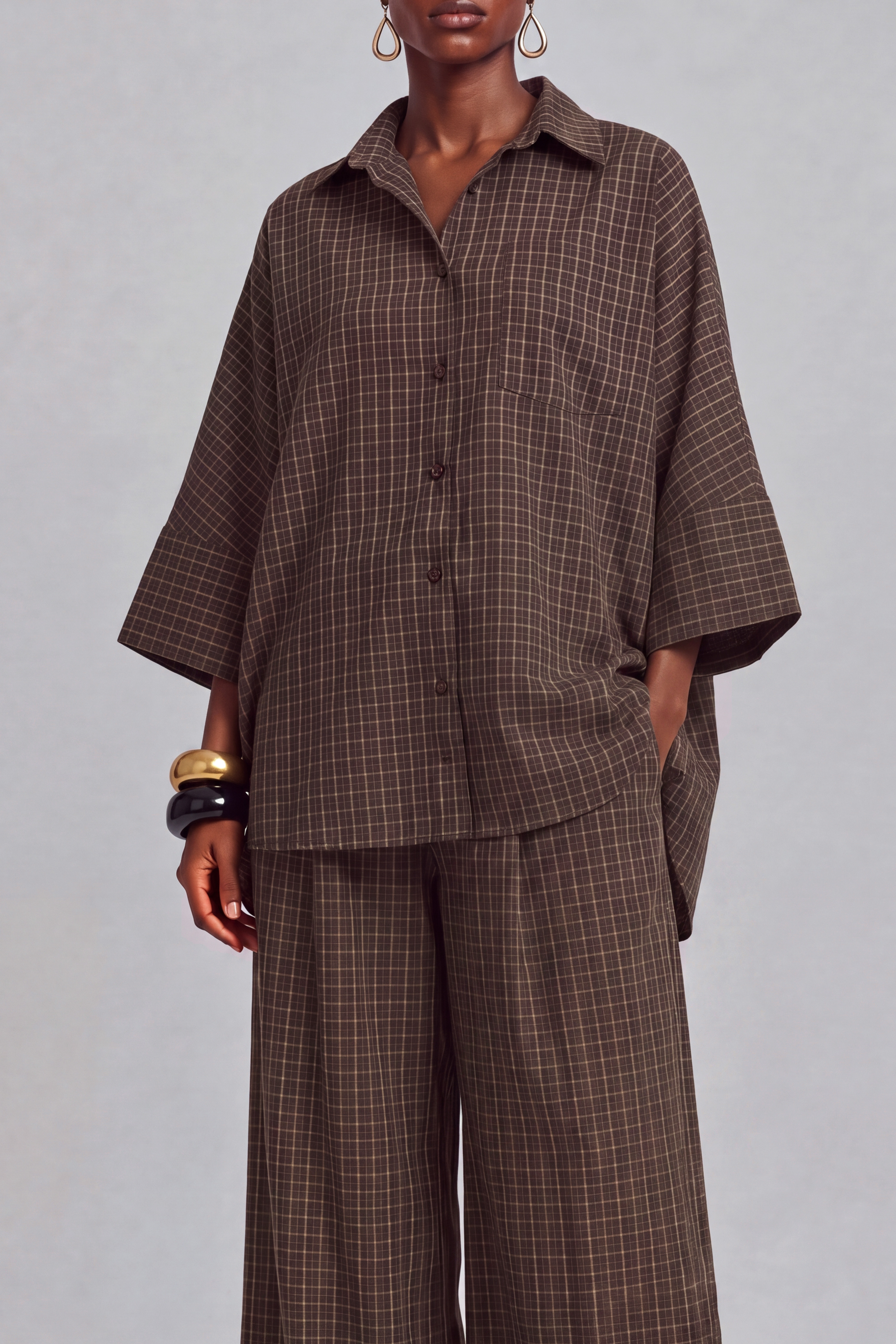 V Neck Button Front Plaid Matching Pants Set