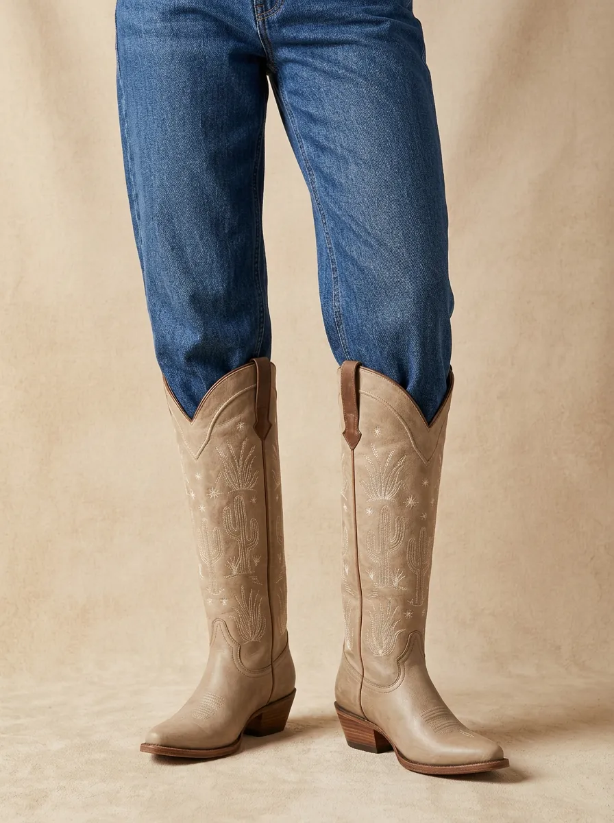 Women's Western Cactus Embroidered Pointed-Toe Block-Heel Stacked-Heel Denim Over-the-Knee Boots
