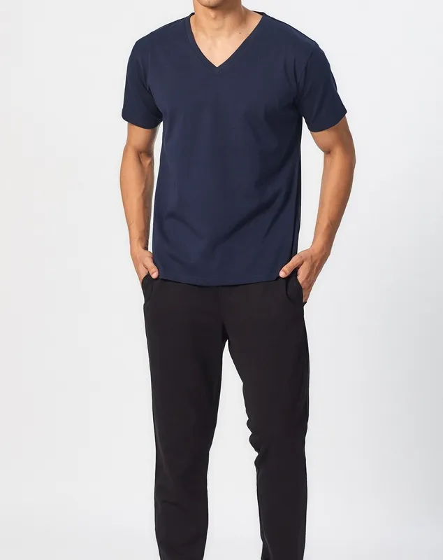 Deep Blue Cotton V-Neck T-Shirt