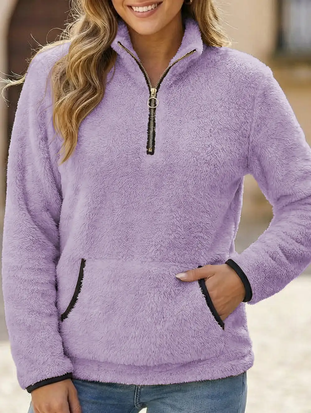 High Neck Zip Up Pocket Sweatshirt