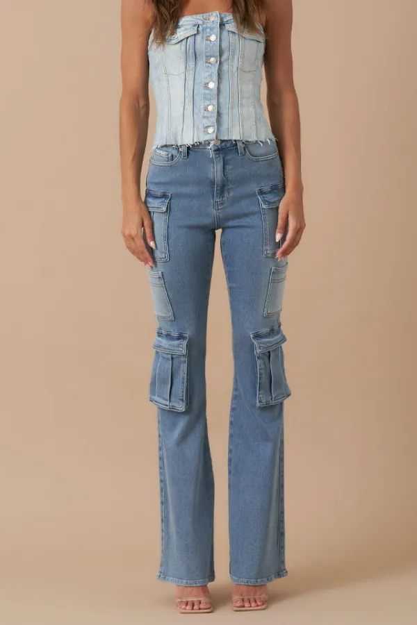 Women's High Rise Cargo Relaxed Stretch Denim Jeans