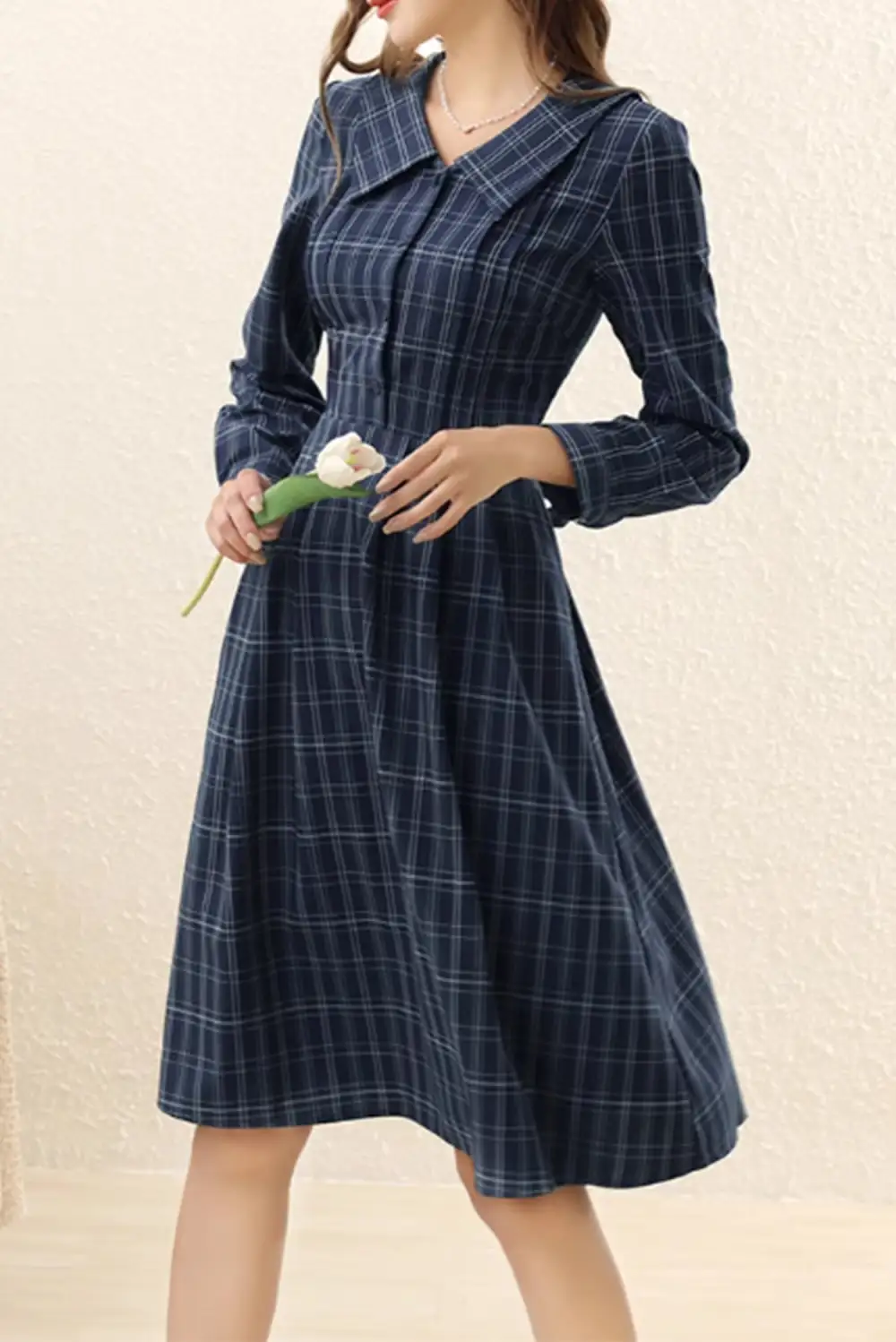 Plaid Polyester Lapel Collar Long Sleeve Midi Dress