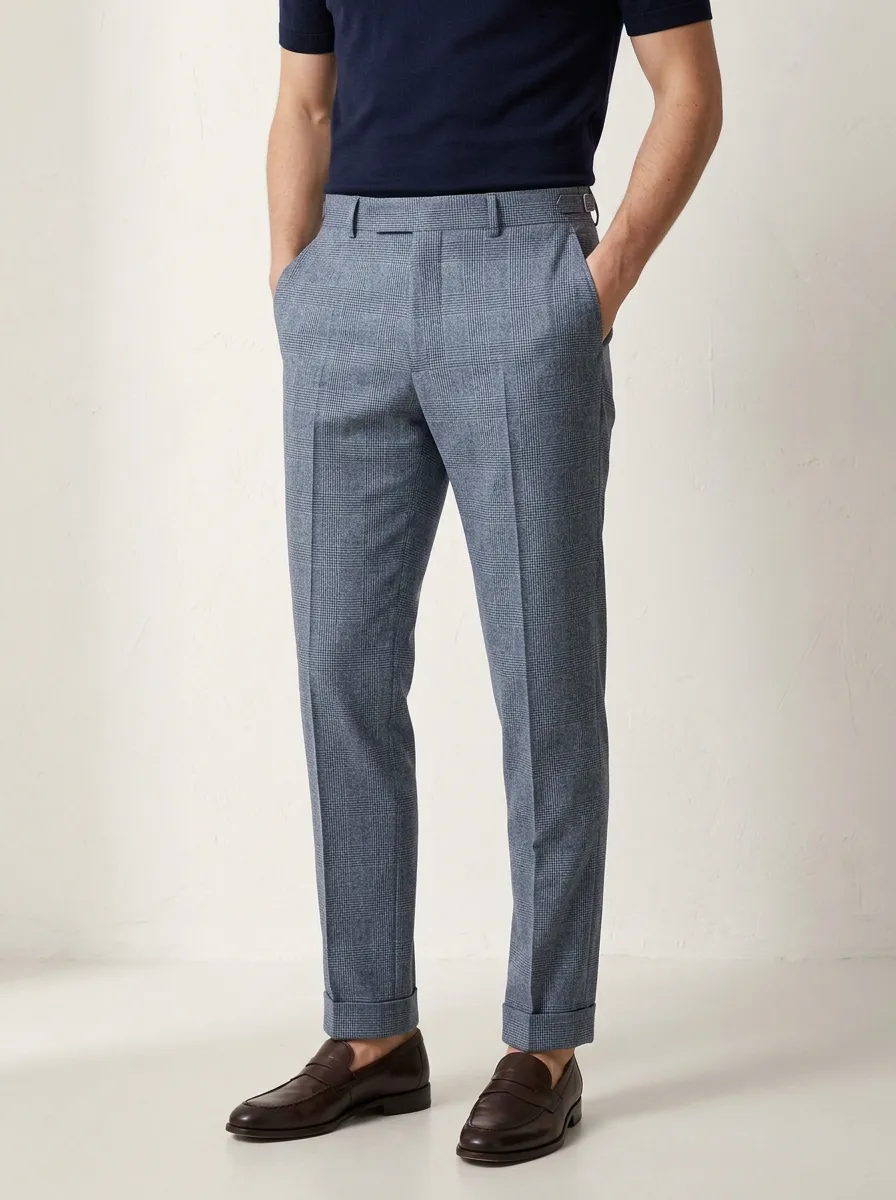 Men's Business Casual Blue Glen Plaid Printed Trousers