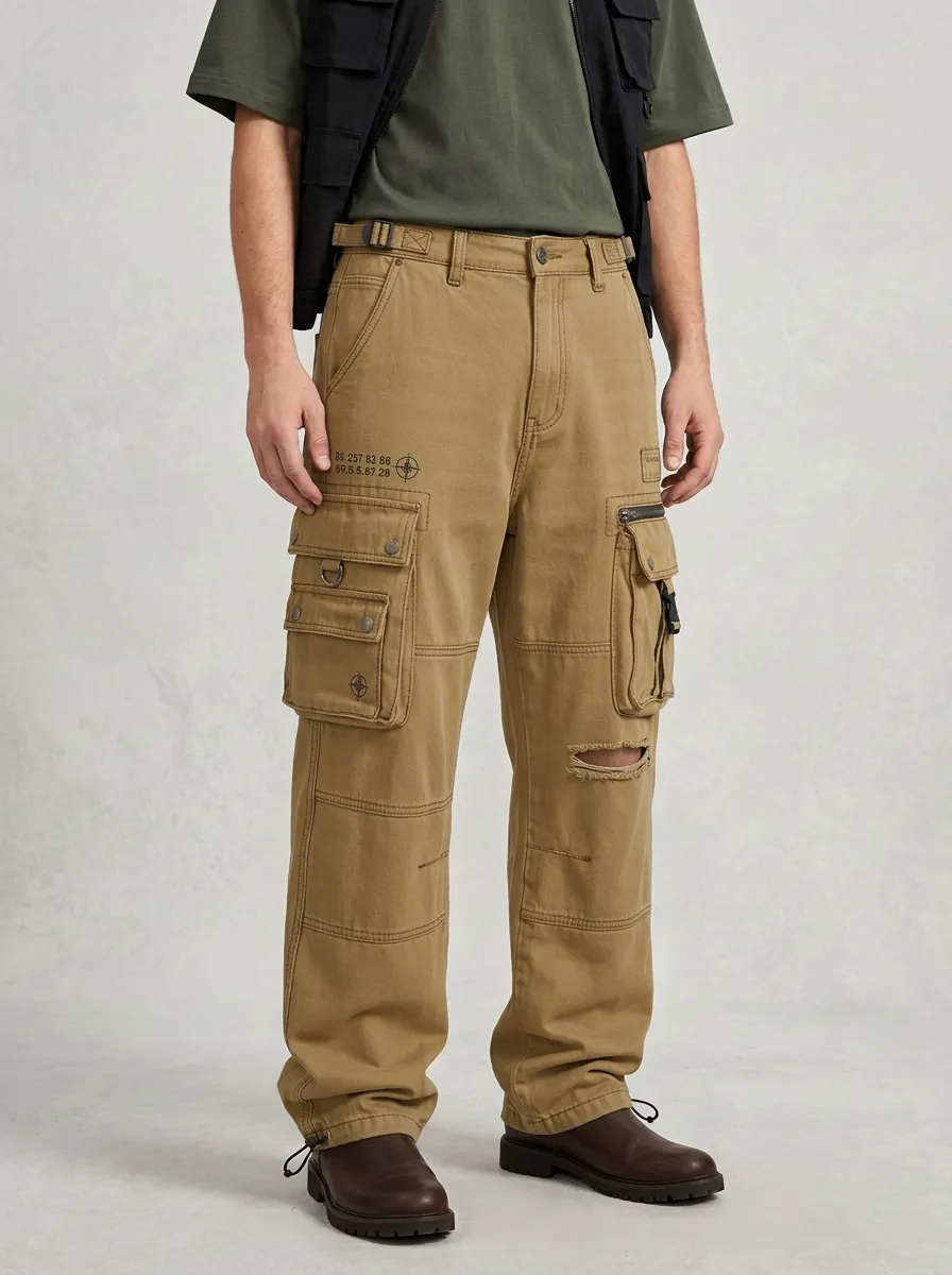 Men's Mid-Blue Graphic Detail Webbing Belt Straight-Leg Denim Cargo Pants