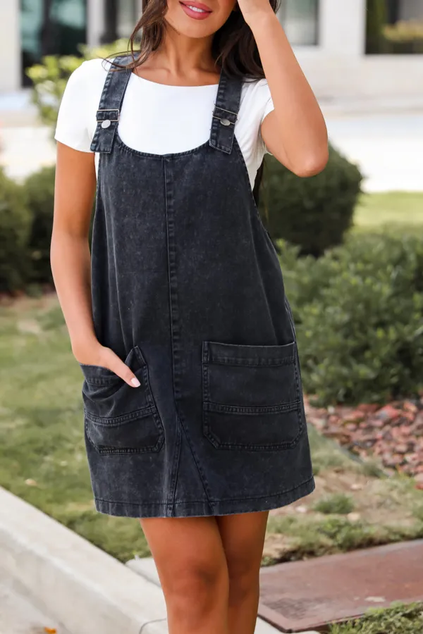 Black Denim Overall Mini Dress