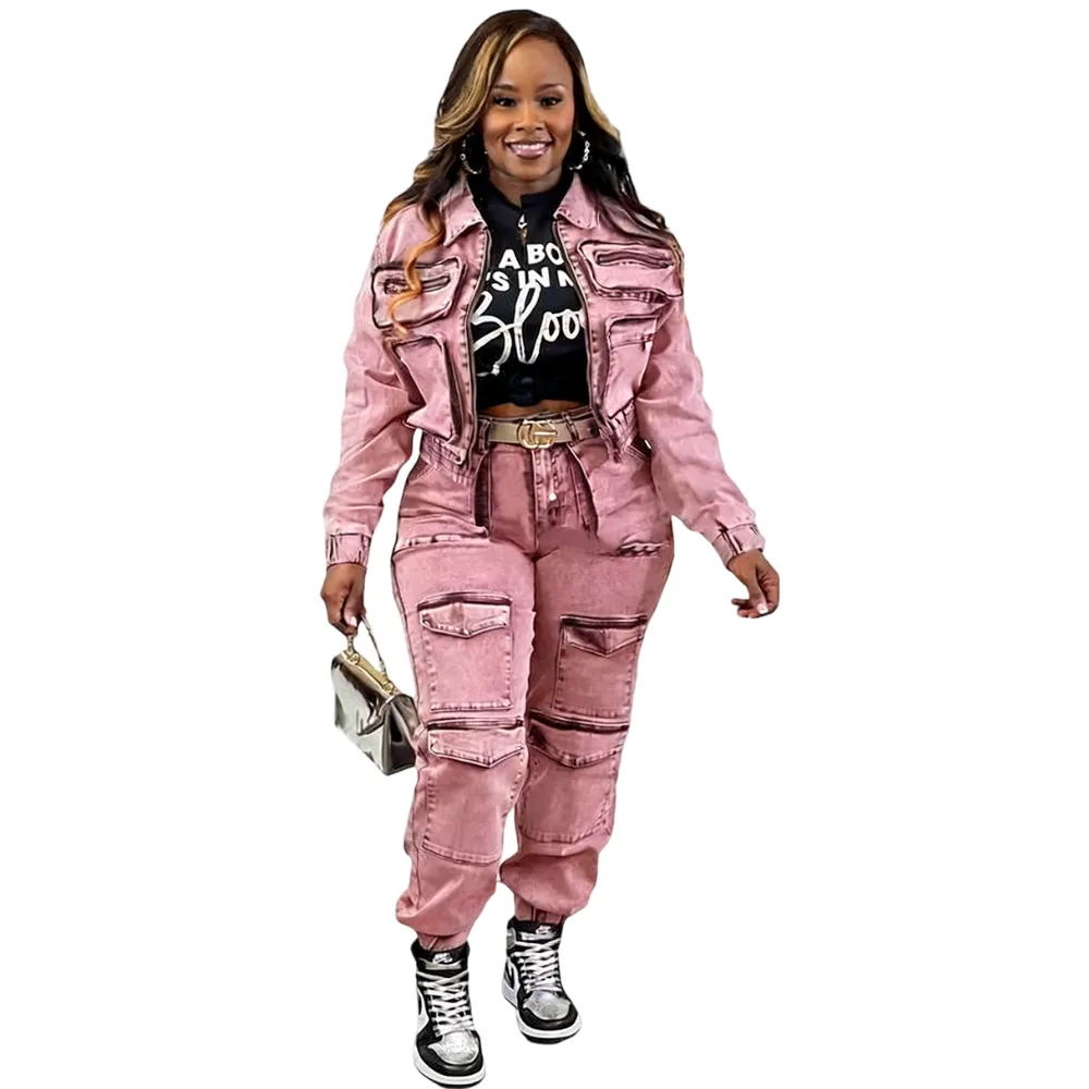 Two-Piece Women's Fashion Sexy High Elastic Multi-Pocket Washed Denim Casual Set