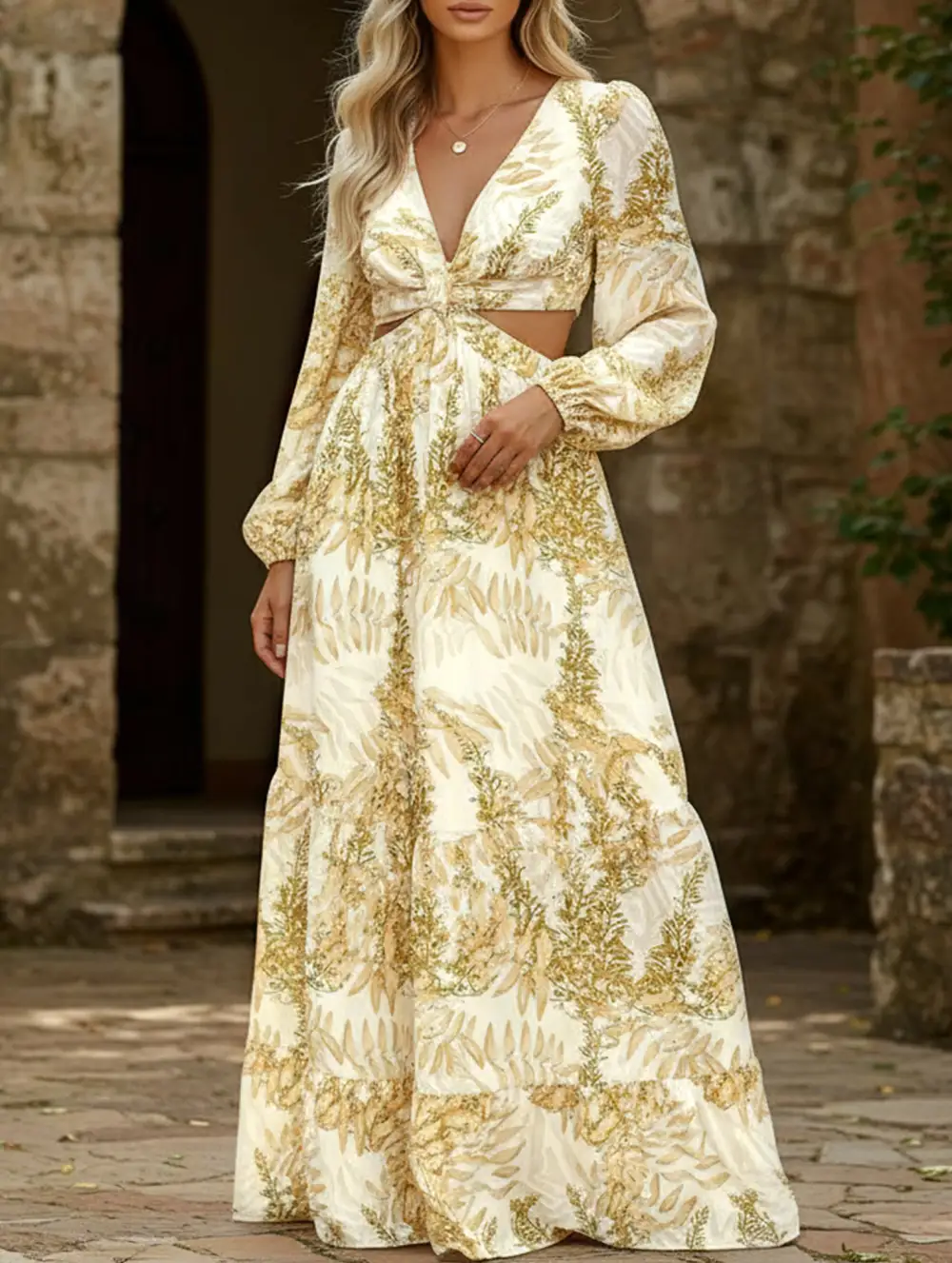 Long Printed V-Neck Long-Sleeved Dress