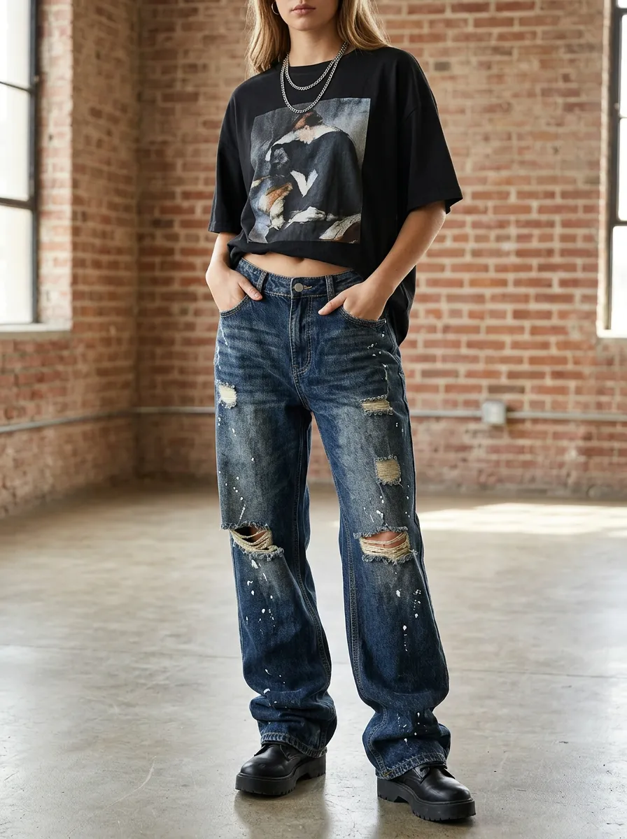 Women's Streetwear Distressed Paint Splatter Printed Jeans