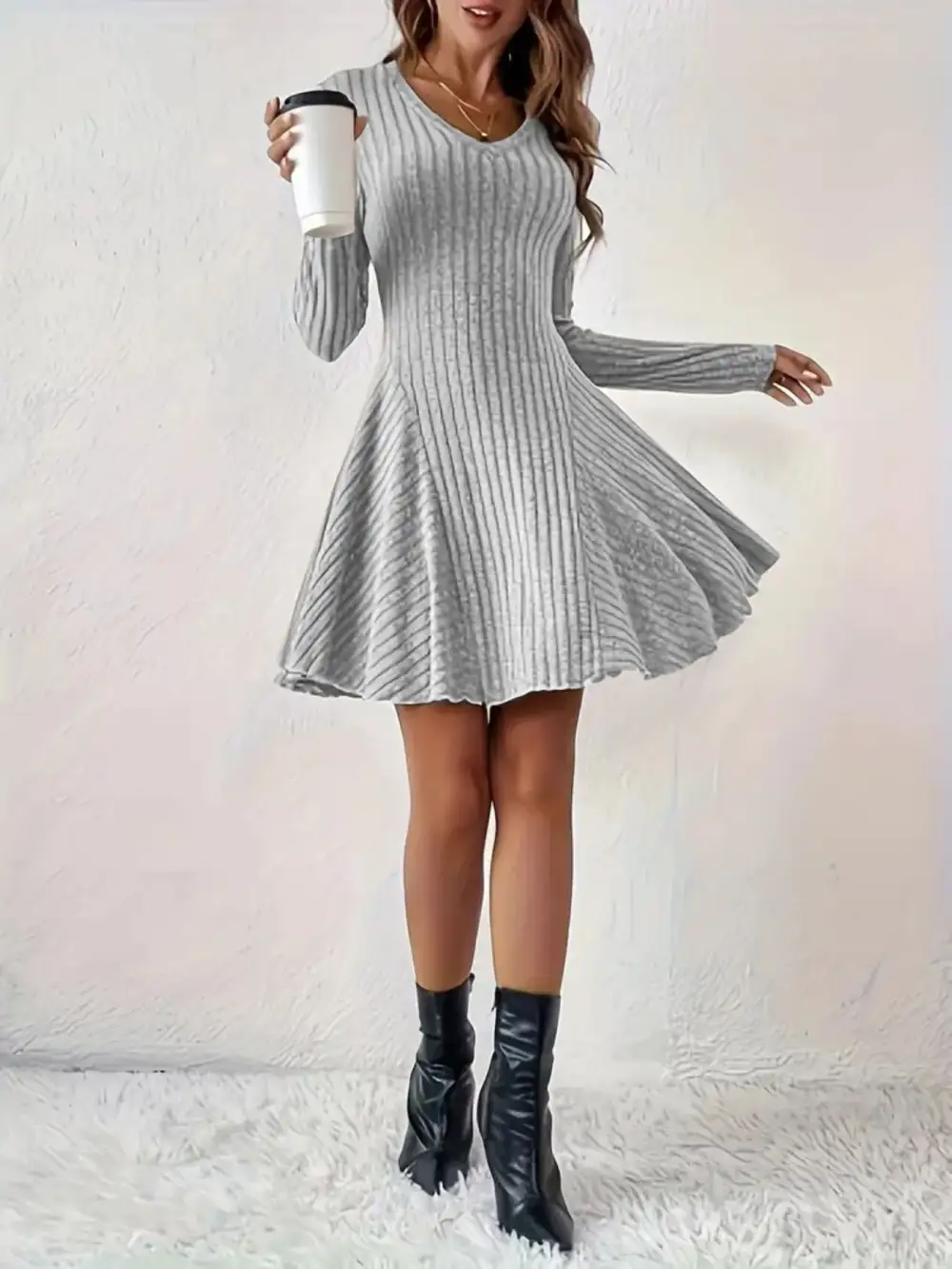 Ribbed Knit Long Sleeve Sweater Dress