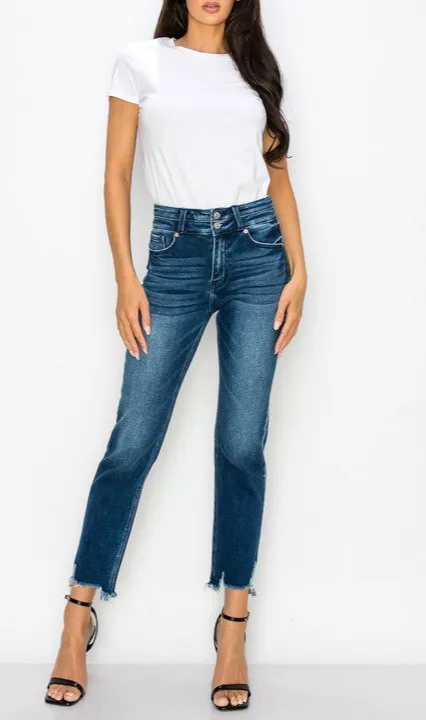 High Rise Straight Leg Frayed Hem Denim Jeans