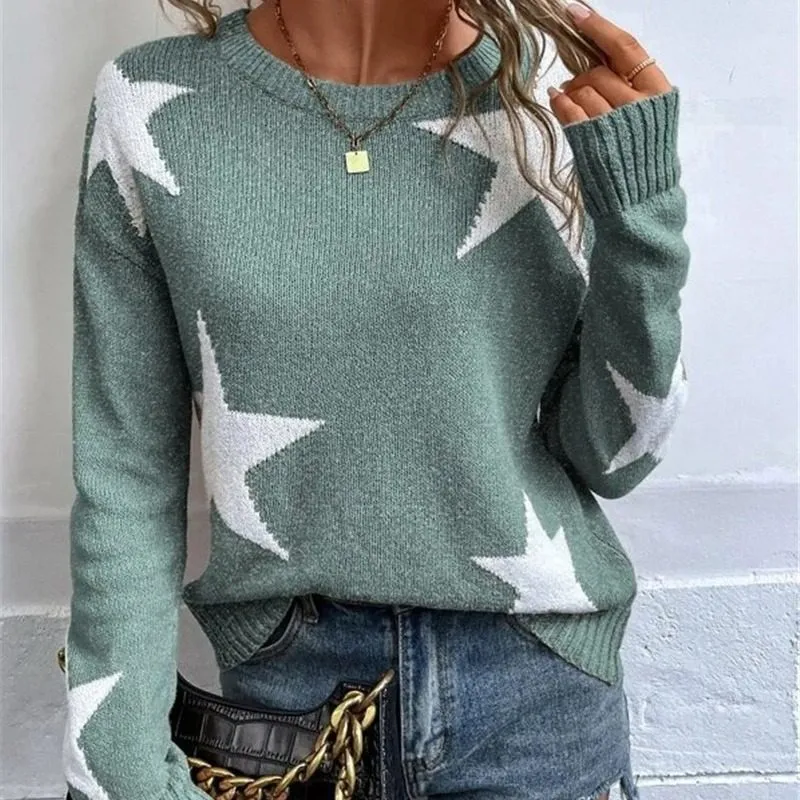 Women's Knit Star-Motif Round-Neck Relaxed Sweater