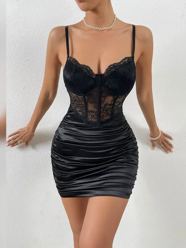 Lace Trimmed Spaghetti Strap Bodycon Mini Dress