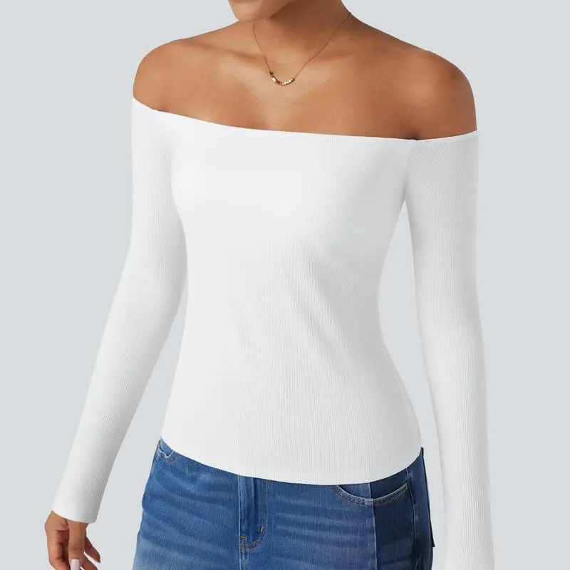 Ribbed Knit Off Shoulder Long Sleeve 2-in-1 Casual Top