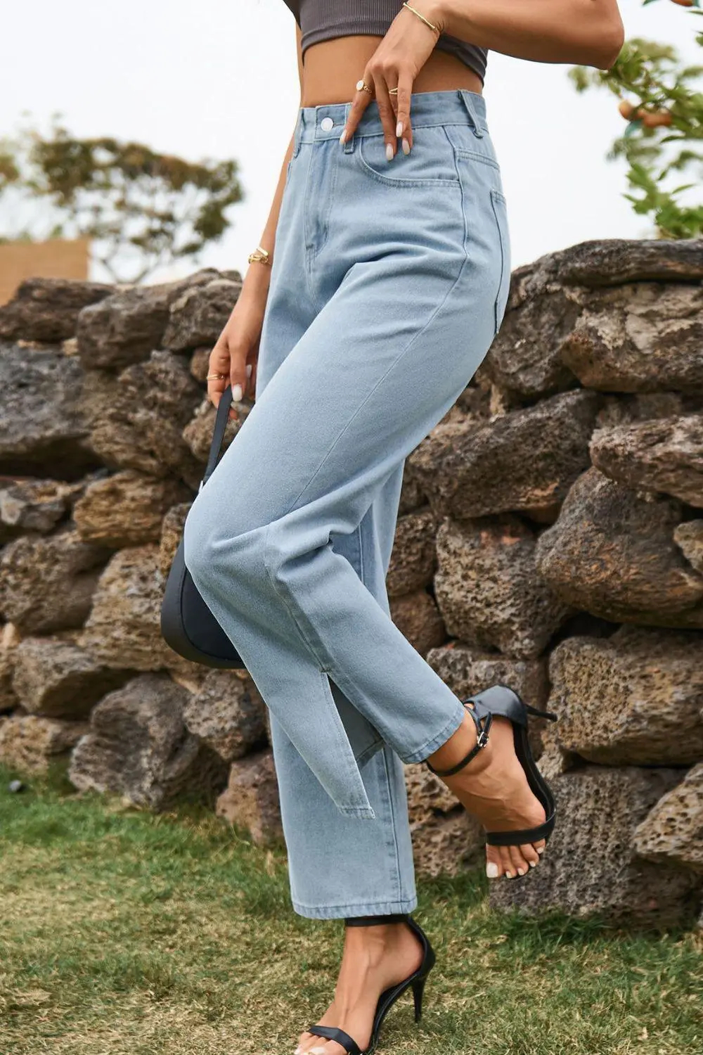 High Waist Loose Fit Slit Denim Jeans