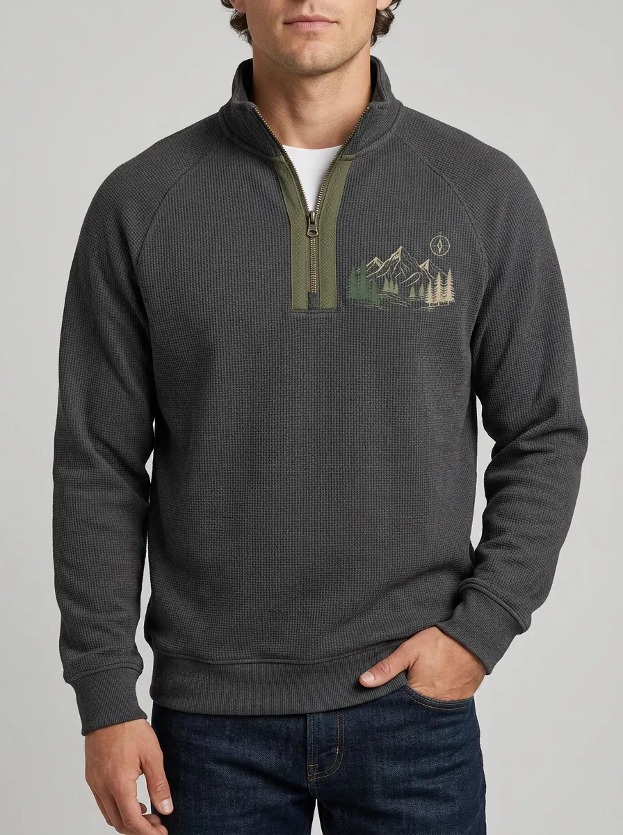 Men's Outdoor Mountain Forest Graphic Quarter-Zip-Neck Sweatshirt