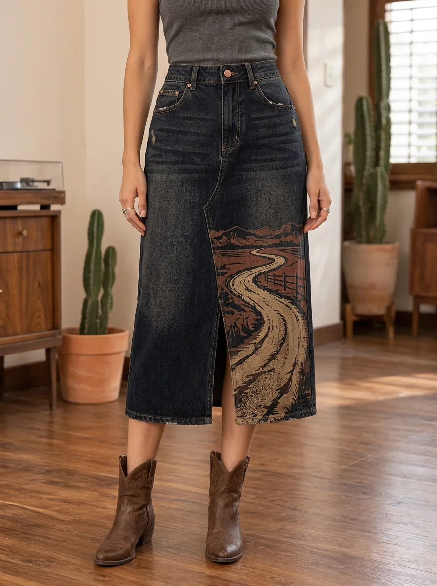 Women's Western Desert Road Landscape Printed Denim Midi Skirt