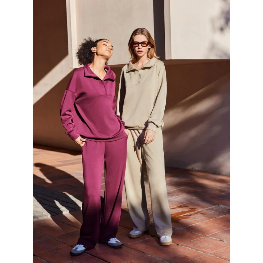Women's Two-Piece Sports Set Long-Sleeved Half-Zip Cardigan Sweatshirt