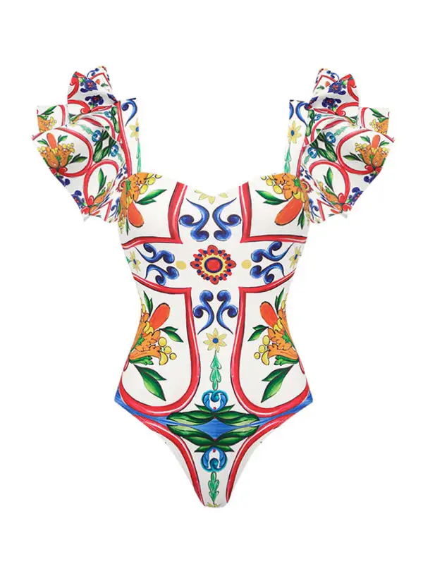 Ruffled Enamel Print One Piece Swimsuit