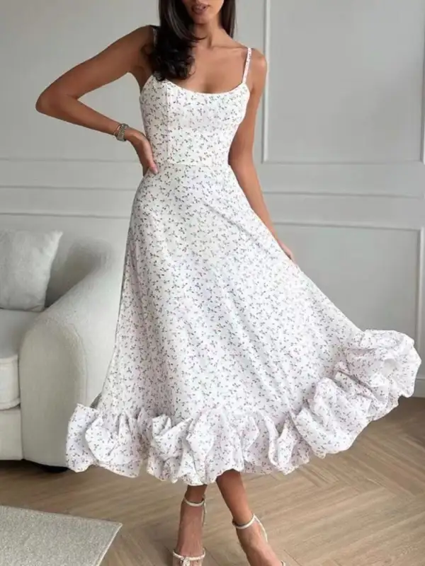 Print Ruffle Hem Spaghetti Strap Midi Dress