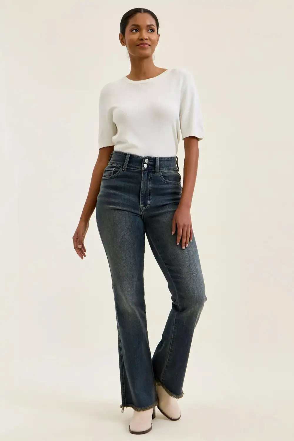 High Waist Frayed Hem Button Denim Jeans