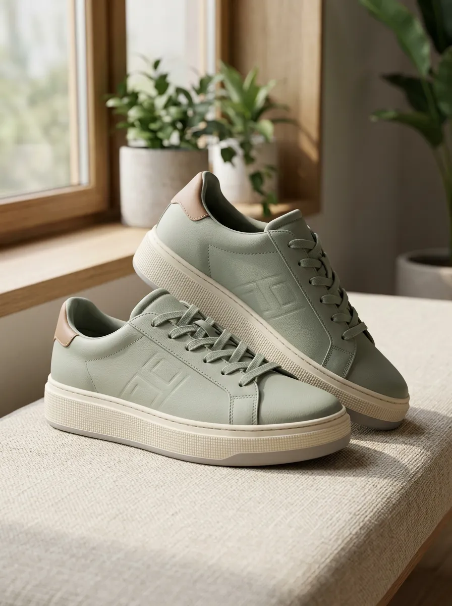 Women's Minimalist Sage Green Embossed Logo Printed Sneakers