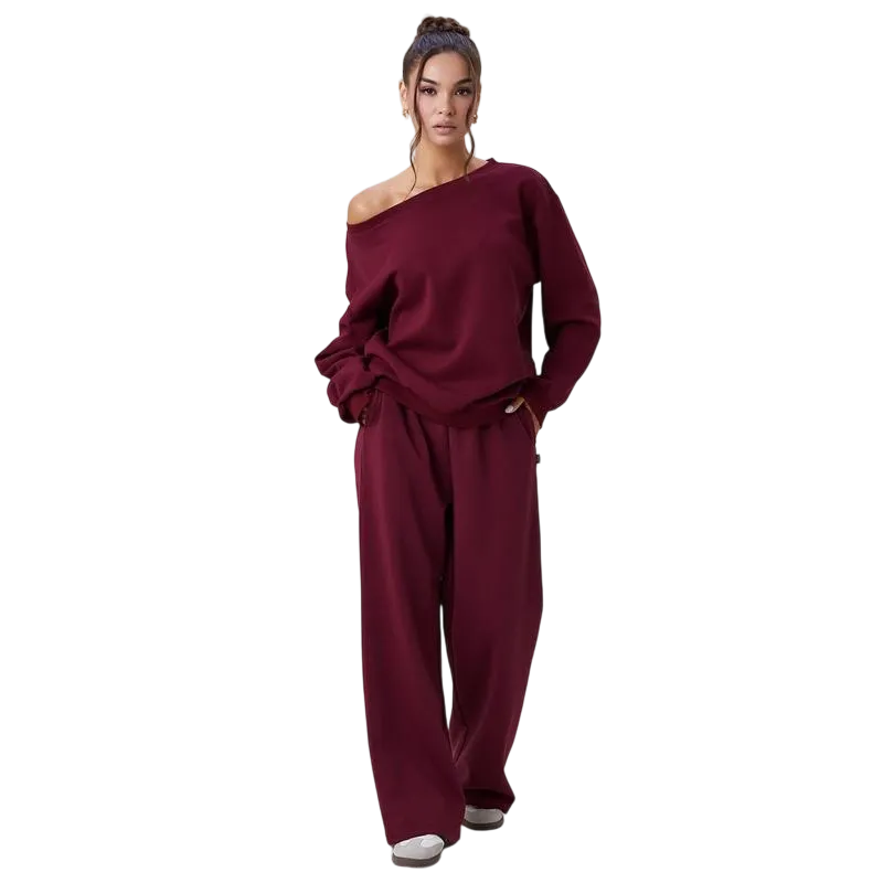 Women's Leisure Solid Color Sloping Shoulder Long Sleeve Top & Wide Leg Trousers