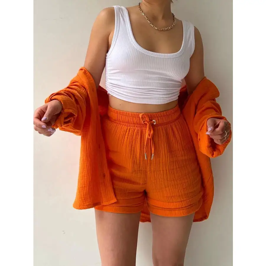 Relaxed Textured Button Up Shirt and Shorts Set