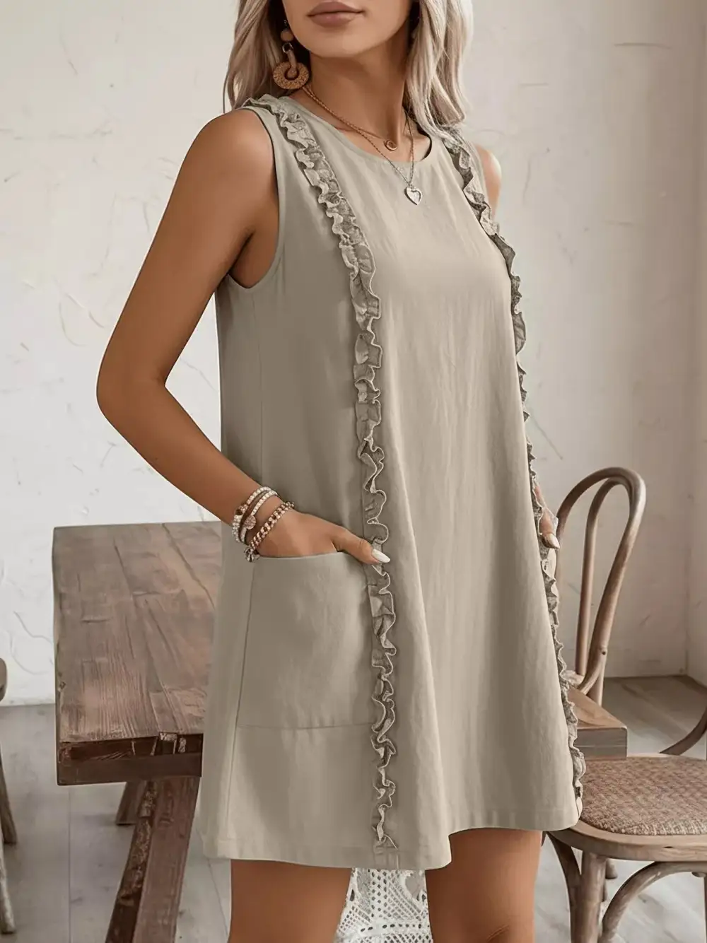 Round Neck Ruffle Sleeveless Dress Casual