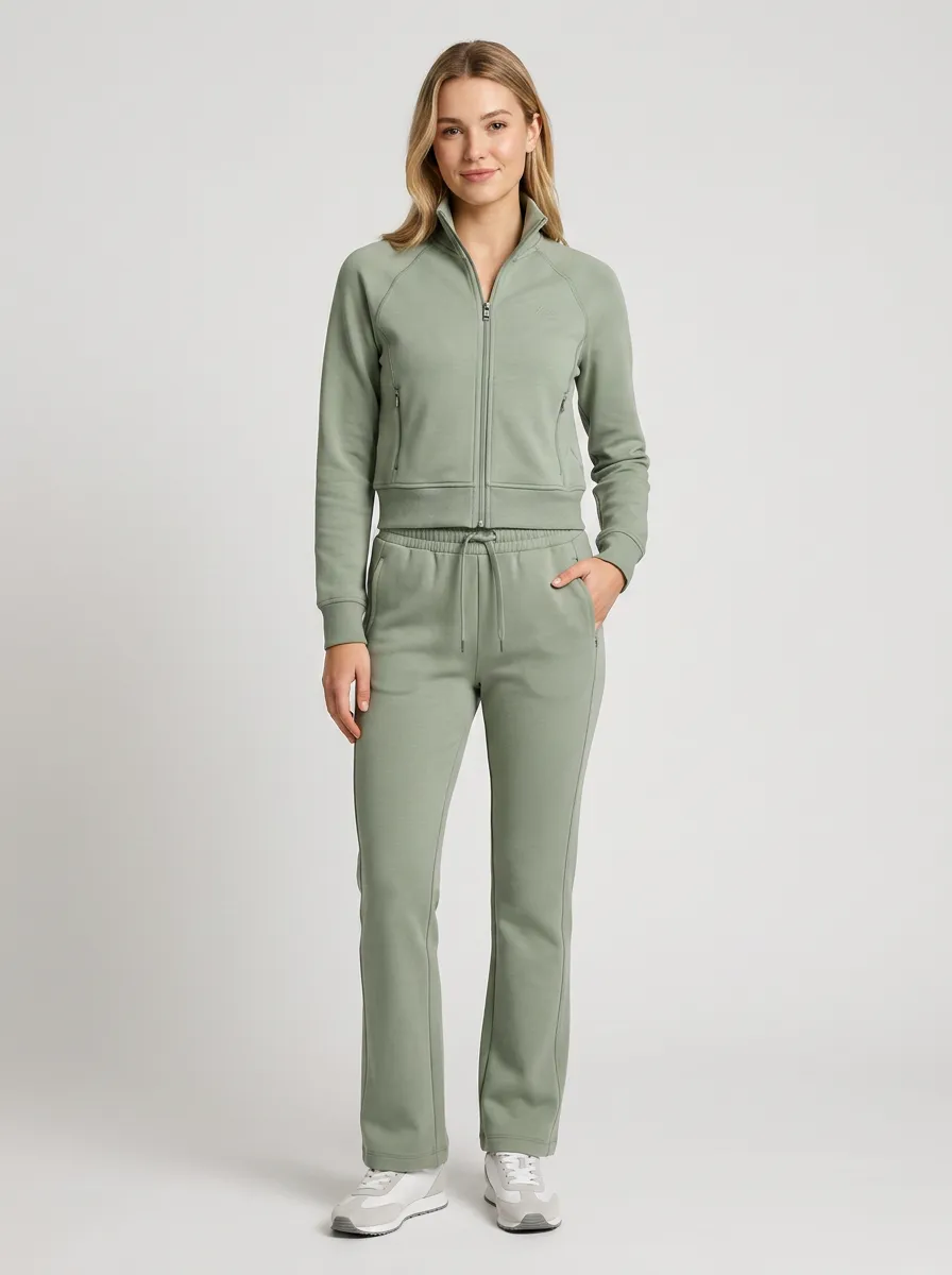 Women's Sage Green Solid Color Zip-Up Tracksuit Set