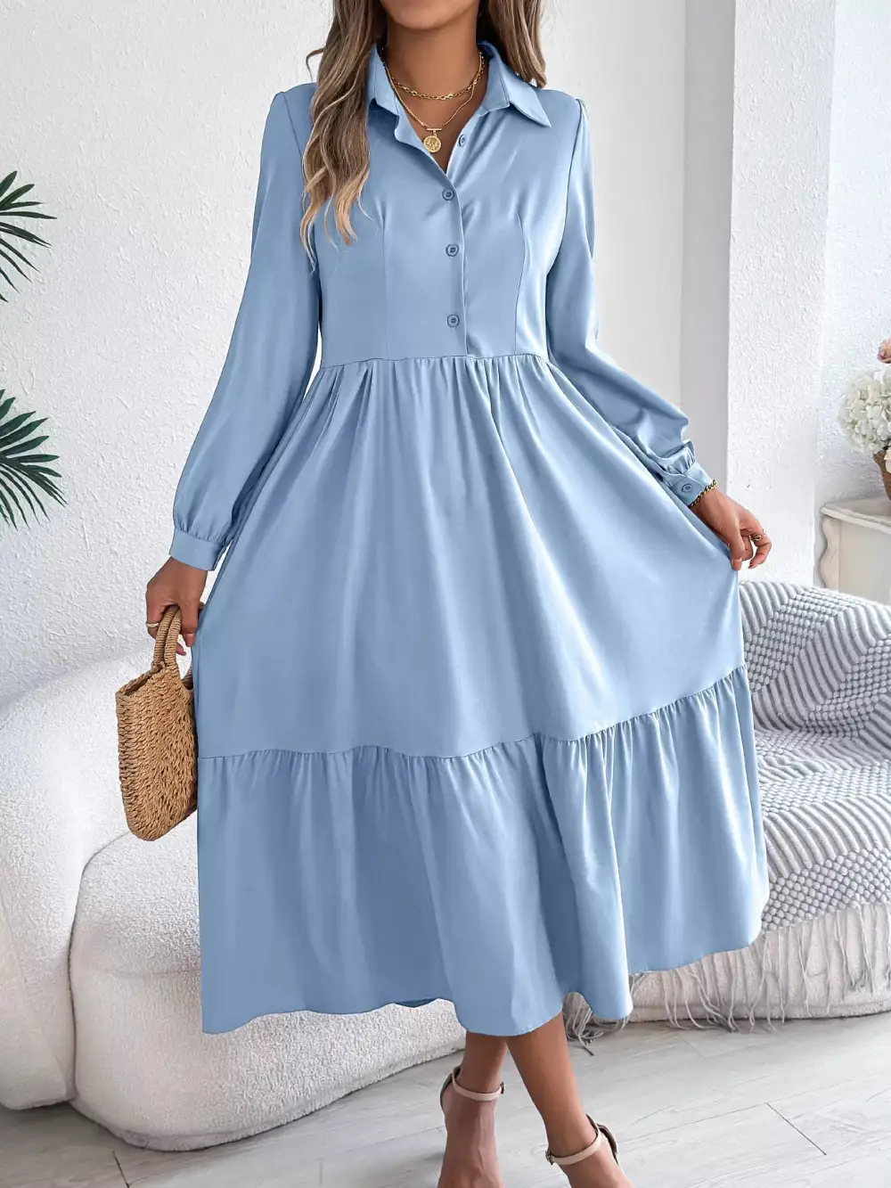 Button Front Tiered Long Sleeve Midi Dress