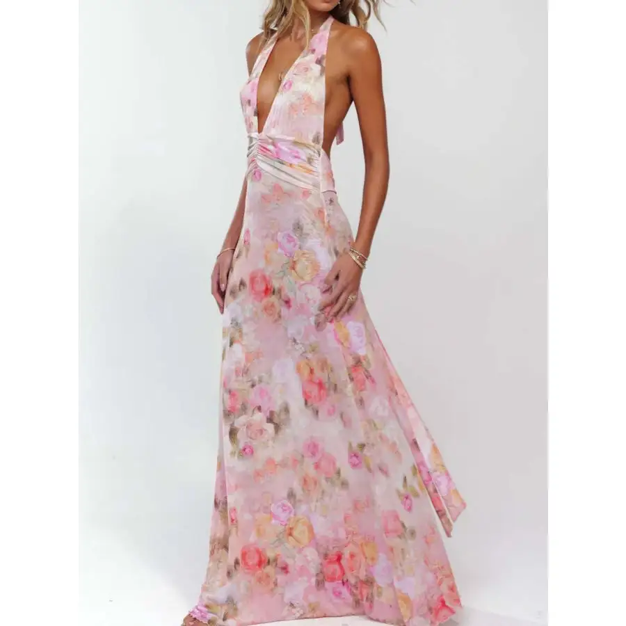 Floral Halter Neck Deep V Maxi Dress