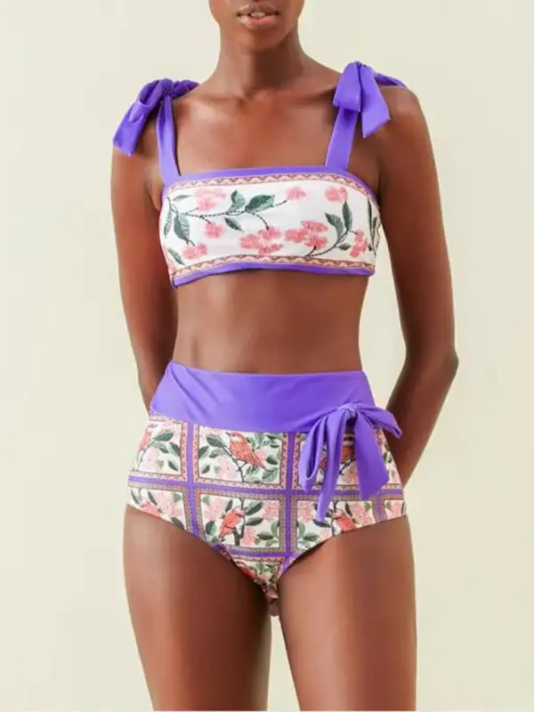High Waist Blocked Pattern Printed Sun Swimsuit