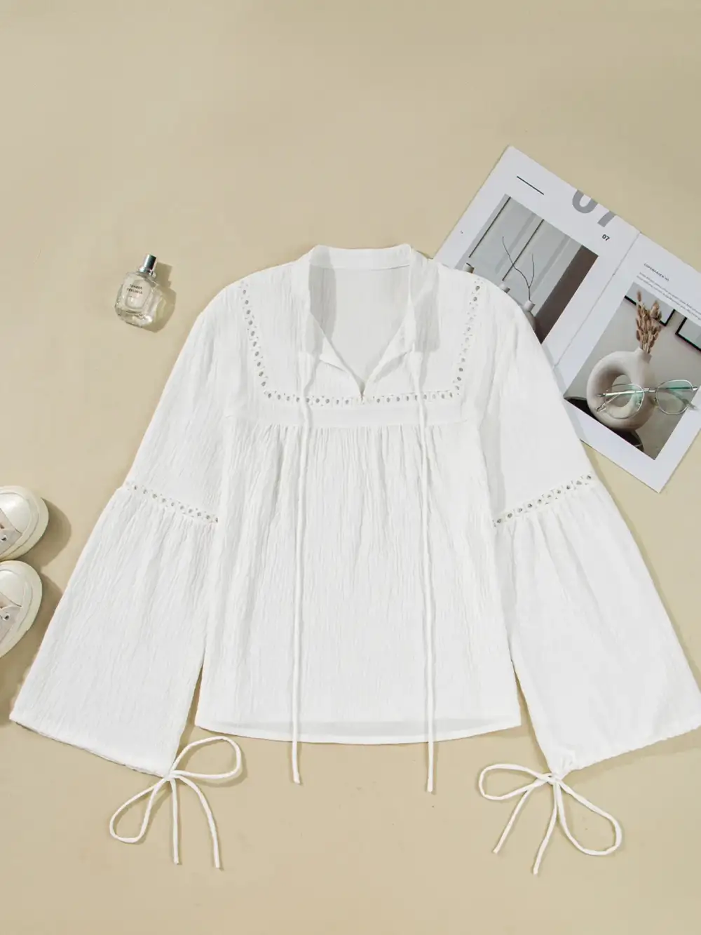 Drawstring Puff Sleeve Tie Neck Blouse