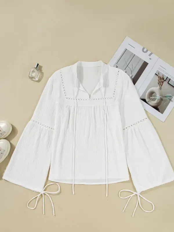 Drawstring Puff Sleeve Tie Neck Blouse