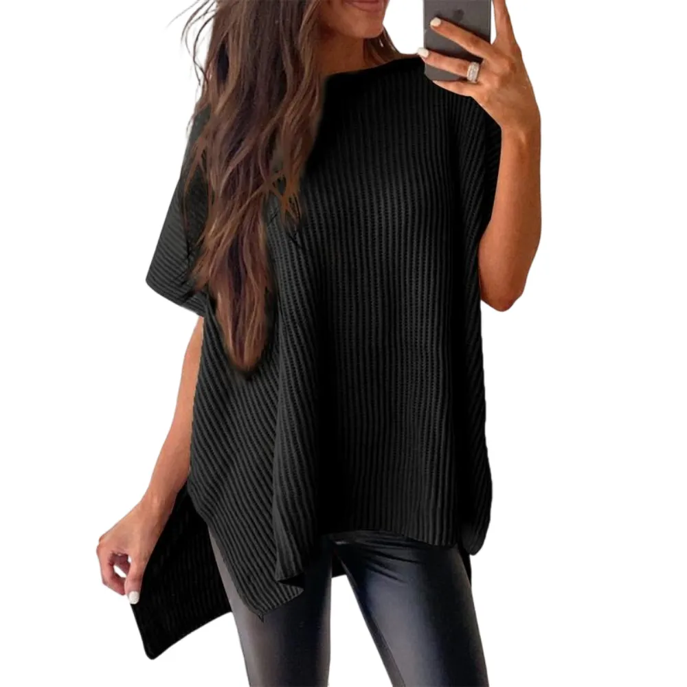 2025 Fall Clothing Women's Oversized Knit Top, Casual Crew Neck Drop Shoulder Loose Fit Short Sleeve Pullover Sweater with Side Slit