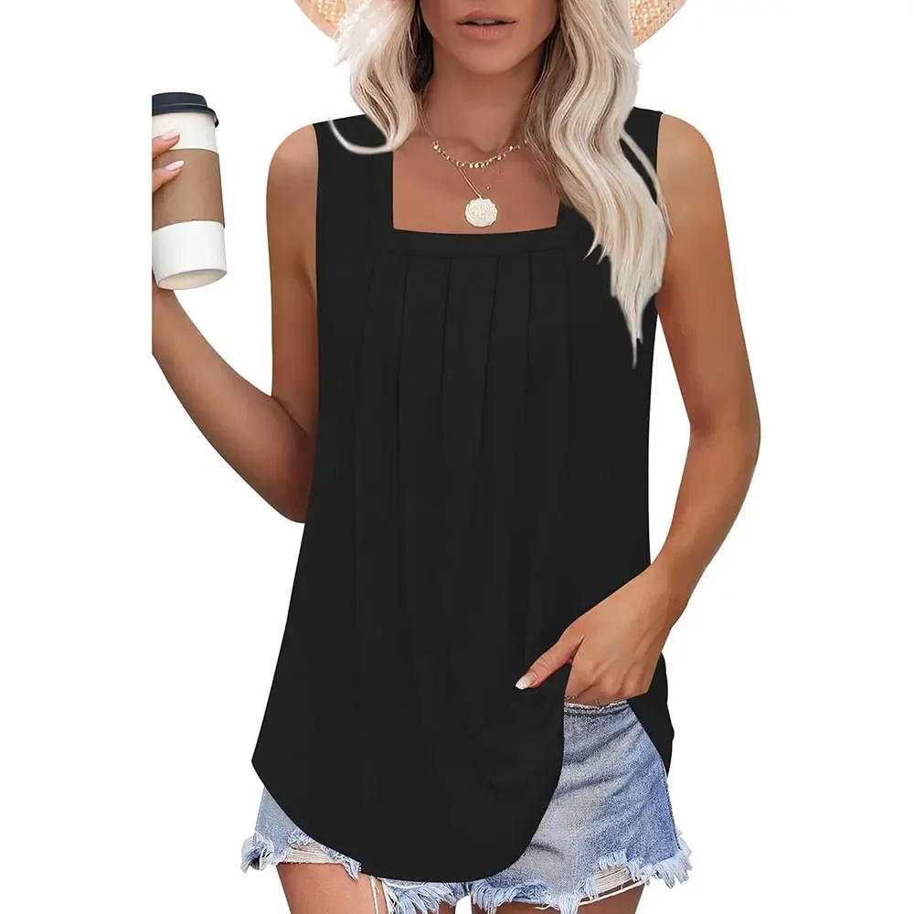 Summer Tank Tops for Women Loose Fit Pleated Square Neck Sleeveless Tops
