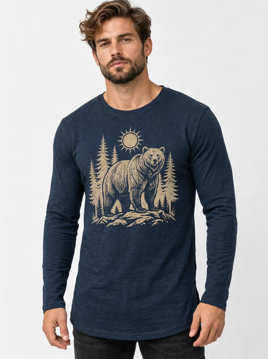 Men's Bear Crew-Neck Long-Sleeve Chest-Sleeve T-Shirt