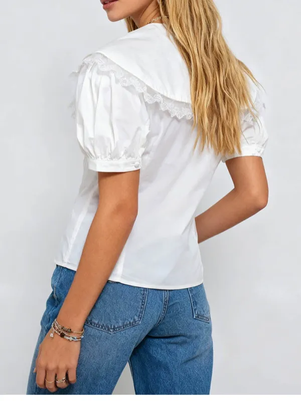 Chic Sailor Collar Lace Trim Short Sleeves Top