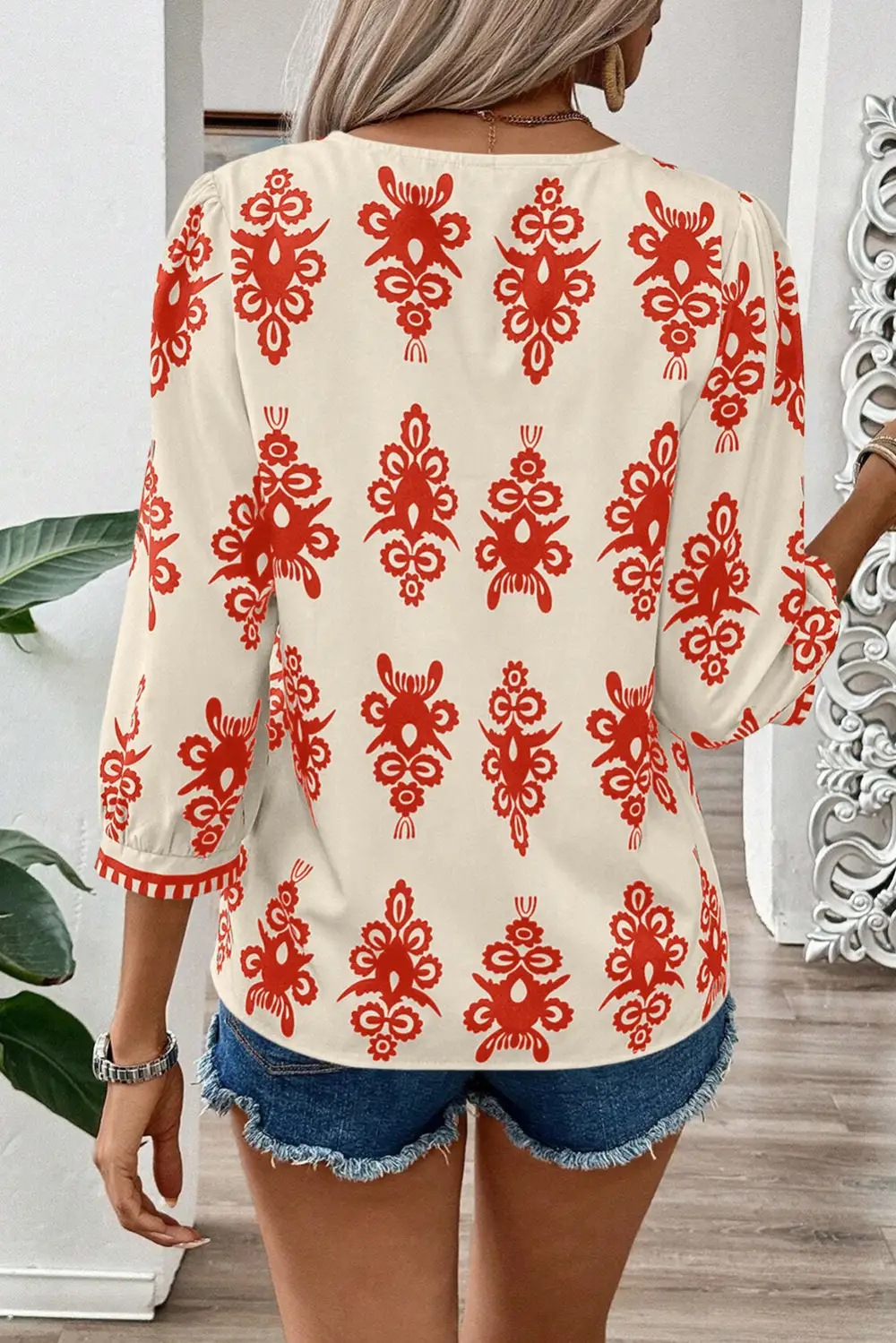 Vintage Geometric Three Quarter Sleeve V Neck Blouse