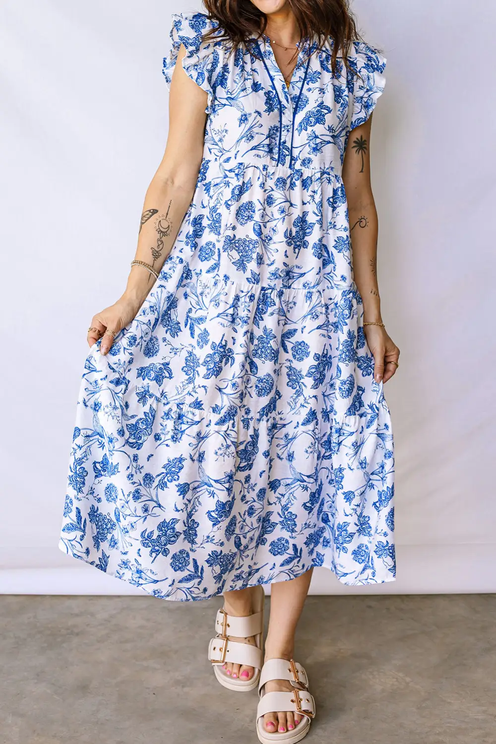 Polished Detail Floral Ruffle Tiered Midi Dress